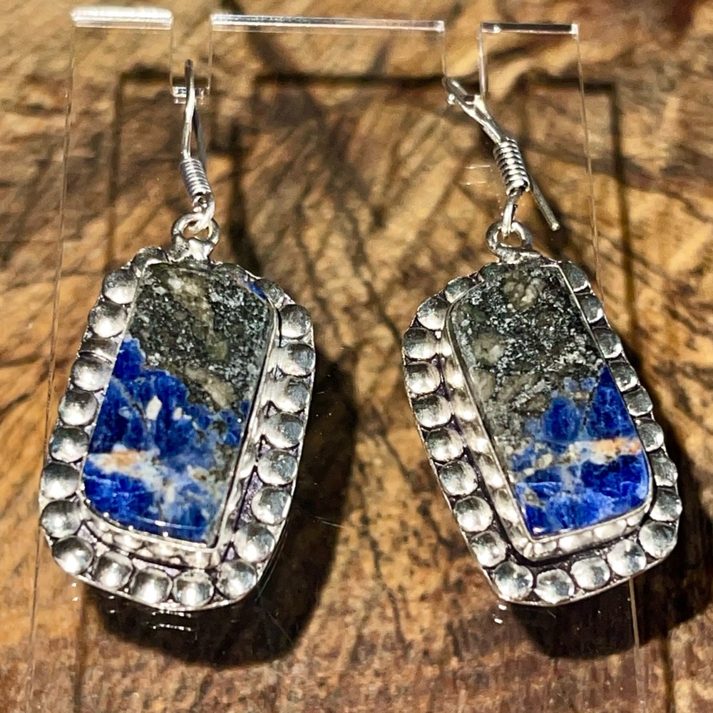 Navy Sodalite with Pyrite Earrings 1 1/2” - Picture 6 of 11
